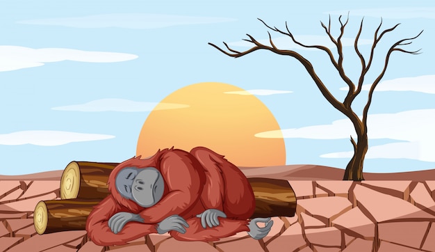 Scena di deforestazione con scimmia che muore