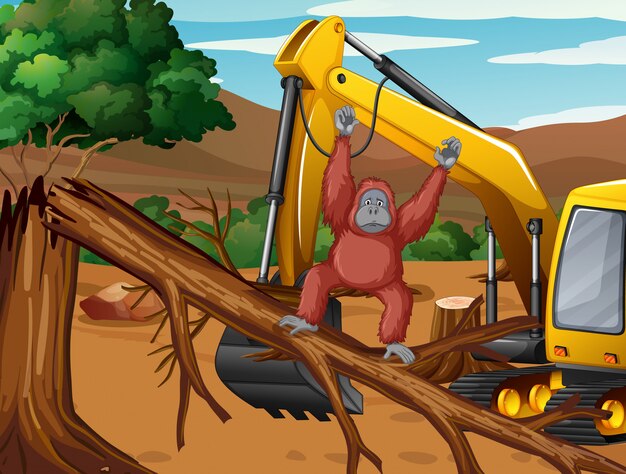 Scena di deforestazione con scimmia e trattore