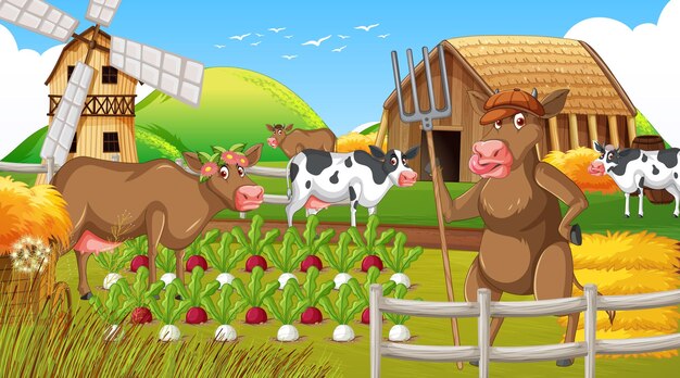 Scena di fattoria di mucche all'aperto con cartoni animati di animali felici