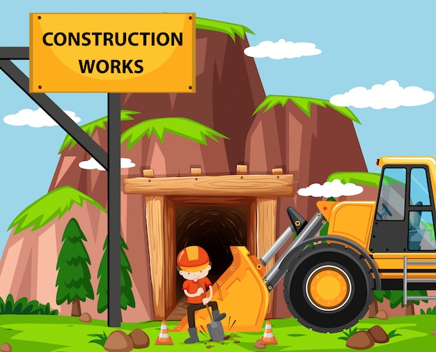 Scena di lavori di costruzione con uomo e bulldozer