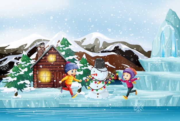 Scena di Natale con due bambini e pupazzo di neve