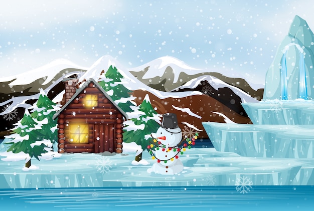 Scena di Natale con pupazzo di neve e cottage
