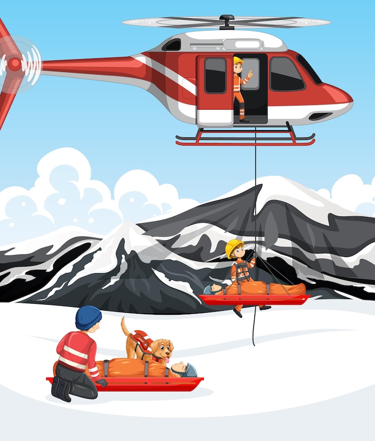 Vettore gratuito scena di neve con salvataggio dei vigili del fuoco in stile cartone animato