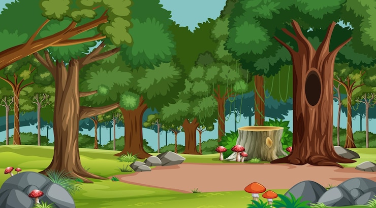 Vettore gratuito scena forestale con vari alberi della foresta