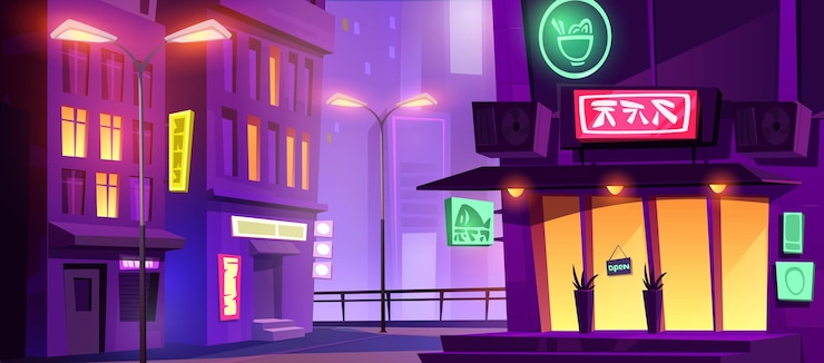 Vettore gratuito scena notturna del centro illuminata da cartelli al neon
