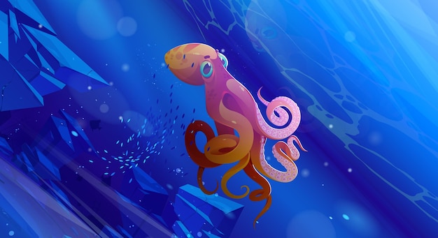 Scena oceanica subacquea con polpo gigante e sassi Illustrazione vettoriale di cartoni animati di animali marini e banchi di pesci che nuotano in mare Fondo oceanico con calamari arancioni con tentacoli e ventose