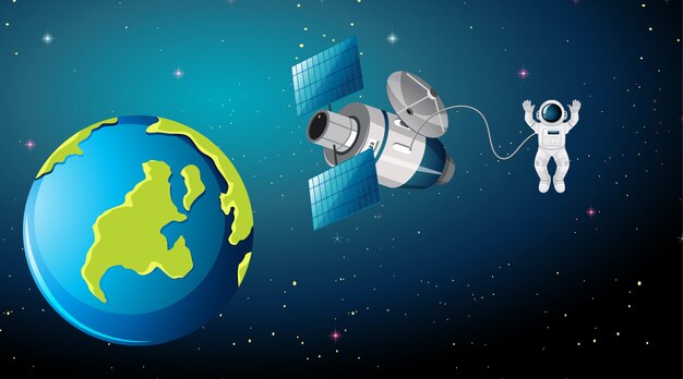 Scena terrestre con astronauta e satellite