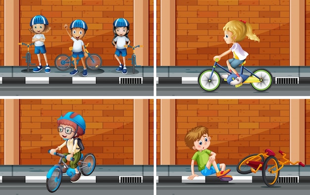 Scene con i bambini sulla bici illustrazione