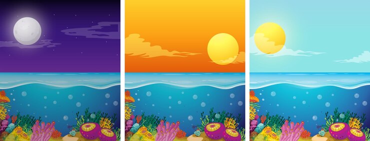 Vettore gratuito scene oceaniche con diversi momenti della giornata