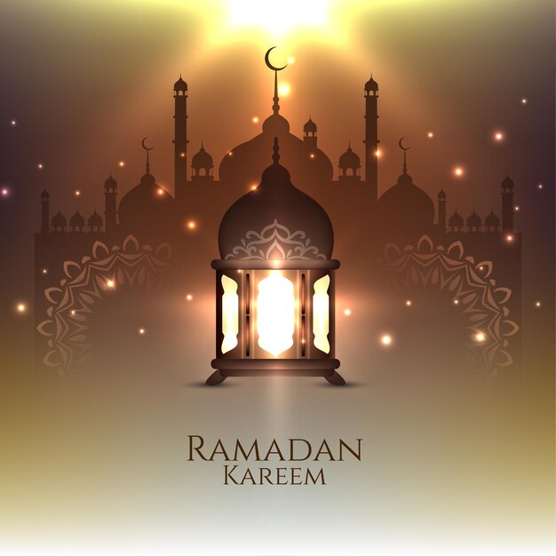 Scheda del festival di Ramadan Kareem con lanterna incandescente