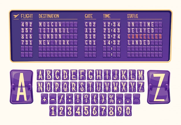 Scheda di illustrazione vettoriale di arrivo e partenza in aeroporto con vari numeri e lettere in stile cartone animato.
