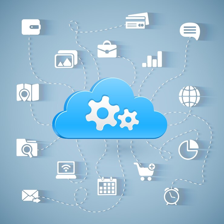 Vettore gratuito schema di tecnologia di cloud computing con lunghe ombre