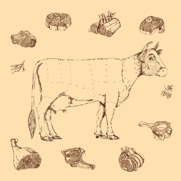 Vettore gratuito schema disegnato a mano di carne di macellazione di manzo con scritte di mucca ed erbe su beige