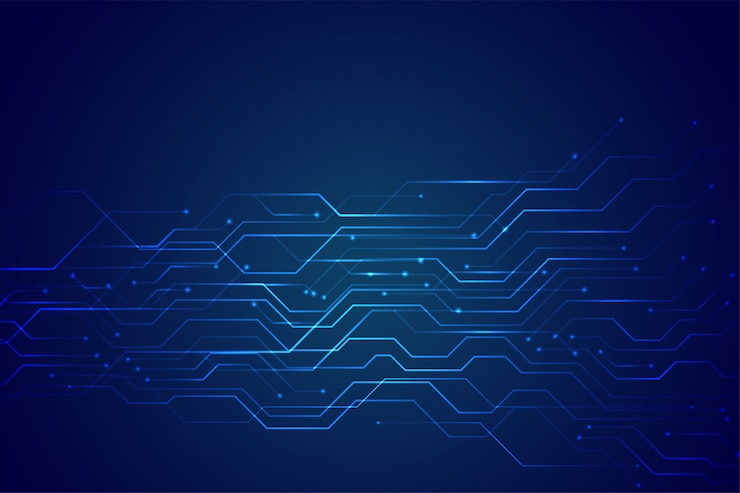 Vettore gratuito schema elettrico tecnologia blu con luci linea incandescente