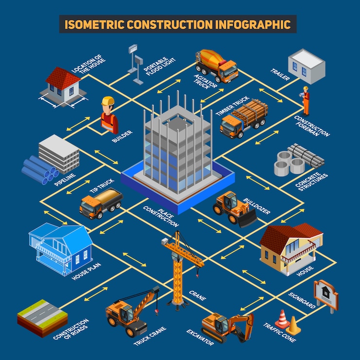 Vettore gratuito schema infografica di costruzione isometrica