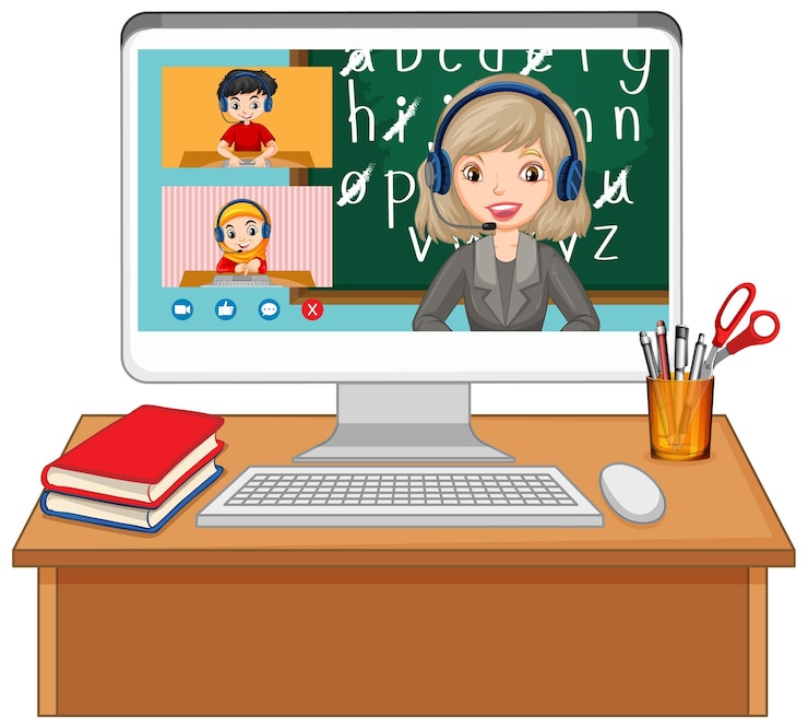Vettore gratuito schermata online di chat video per studenti sullo schermo del computer