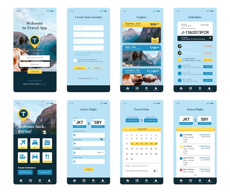 Vettore gratuito schermate delle app di prenotazione viaggi