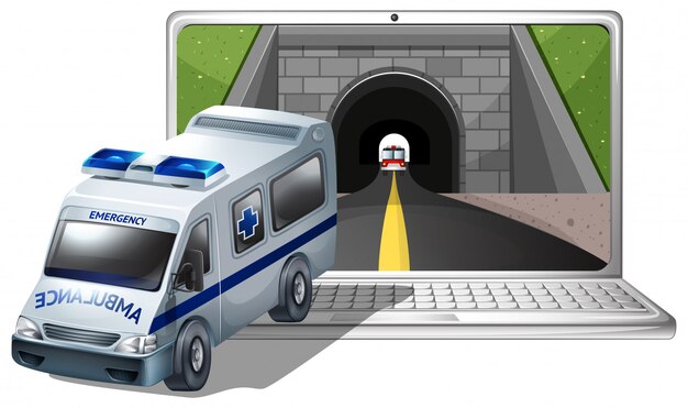 Schermo del computer con ambulanza e tunnel