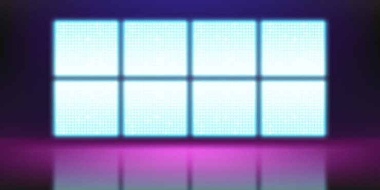 Vettore gratuito schermo led realistico defocused sul palco illustrazione vettoriale di una grande griglia di visualizzazione lcd con luci a punti blu e bianche incandescenti sala concerti sfondo spettacolo teatrale moderno decorazione night club