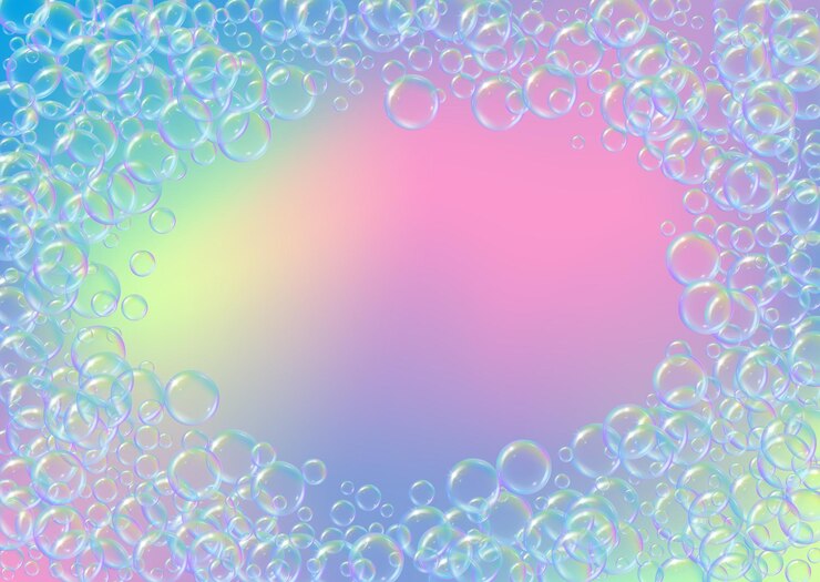 Vettore gratuito schiuma di sapone su sfondo sfumato bolle d'acqua realistiche 3d schiuma liquida colorata arcobaleno freddo con bolle di shampoo volantino cosmetico orizzontale e invito schiuma di sapone per bagno e doccia vector eps10
