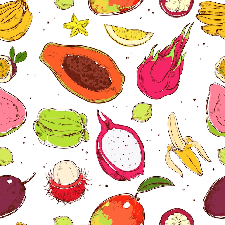 Vettore gratuito schizzo colorato frutti esotici seamless pattern