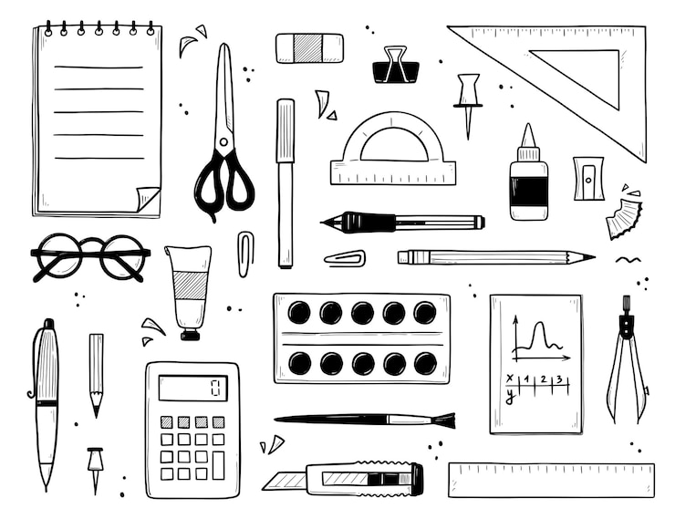 Vettore gratuito schizzo di cancelleria per la scuola e l'ufficio. penne, matita, pennarello, taccuino e righello disegnati a mano. insieme di doodle di vettore di materiale didattico, libro di studio, forbici, occhiali, calcolatrice e vernici