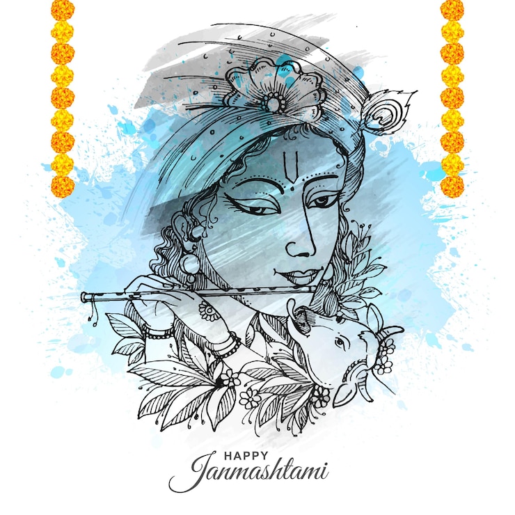 Vettore gratuito schizzo di tiraggio della mano lord krishna in felice celebrazione di janmashtami sfondo