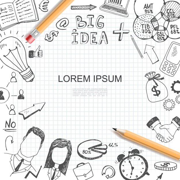 Schizzo il modello di elementi di idea di affari con il diagramma della lampadina grafici laptop soldi borsa frecce stretta di mano sveglia valigetta uomini d'affari matite colorate illustrazione