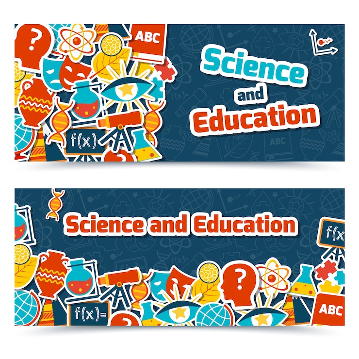 Vettore gratuito scienza e aree di istruzione colorate adesivi di carta impostato su sfondo blu orizzontale banner impostato isolato illustrazione vettoriale