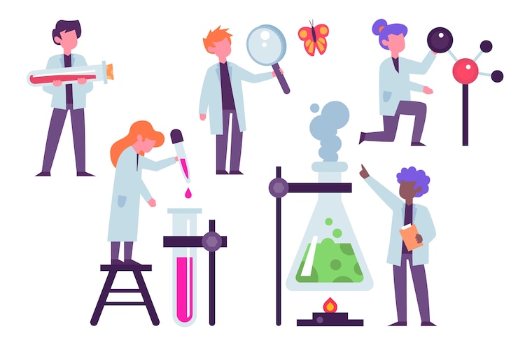 Vettore gratuito scienziati che lavorano con oggetti di laboratorio