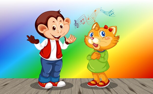 Scimmia con personaggio dei cartoni animati di gatto su sfondo sfumato arcobaleno