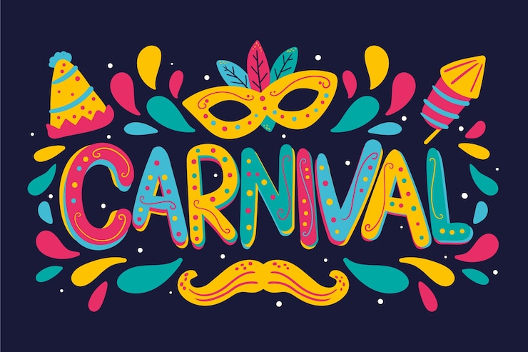 Vettore gratuito scritte di carnevale disegnate con accessori per baffi e occhiali