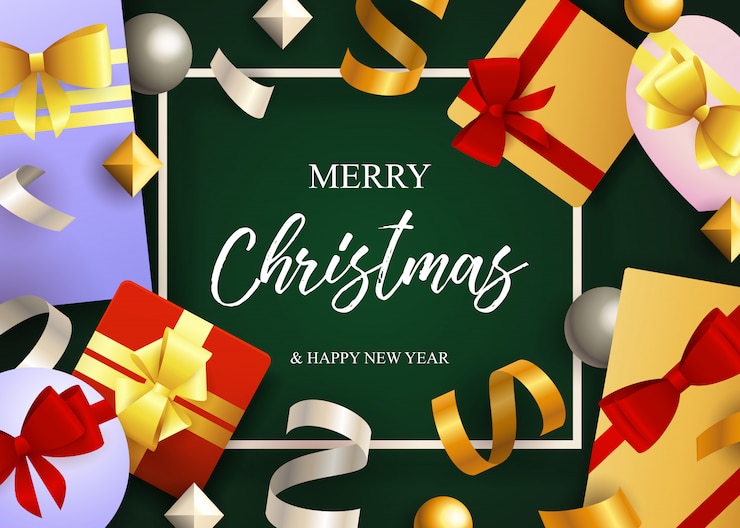 Vettore gratuito scritte in merry christmas, scatole regalo con fiocchi in nastro