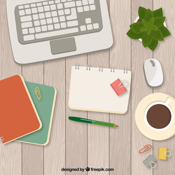 Vettore gratuito scrivania moderna con caffè e computer portatile