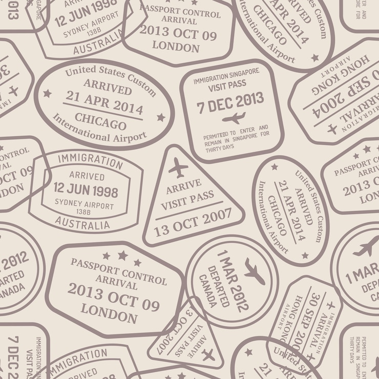 Vettore gratuito seamless pattern di assortimento di cachets e timbri a mano di uffici di controllo di diversi paesi