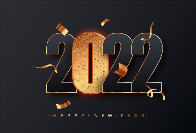Segno del nuovo anno 2022. Numeri neri 2022 con numeri glitter dorati su sfondo nero. Testo di lusso vettoriale 2022 Felice anno nuovo