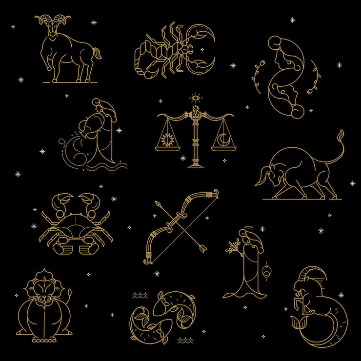 Vettore gratuito segno zodiacale oro impostato su sfondo nero