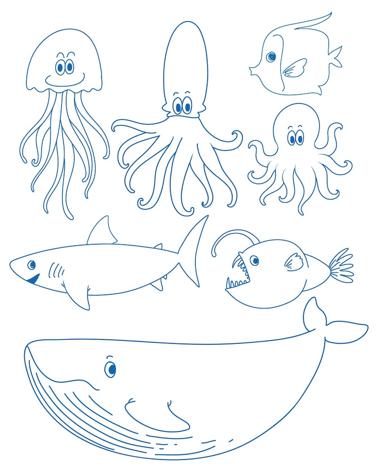 Vettore gratuito semplici bambini scarabocchiati che disegnano creature marine