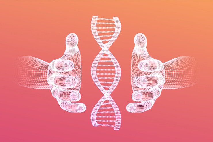 Vettore gratuito sequenza di dna nelle mani. maglia metallica della struttura delle molecole di codice del dna di wireframe.