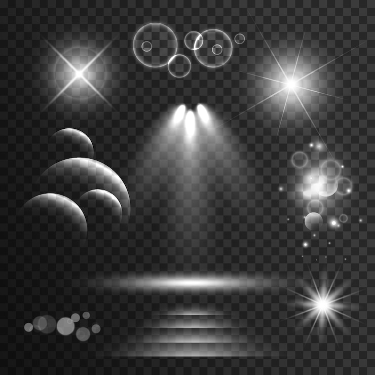 Vettore gratuito serie di effetti luminosi trasparenti e scintilla con razzi lente sfondo