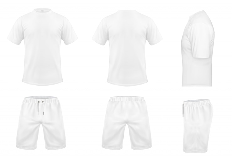 Serie realistica di t-shirt bianche con maniche corte e pantaloncini, abbigliamento sportivo, divisa sportiva