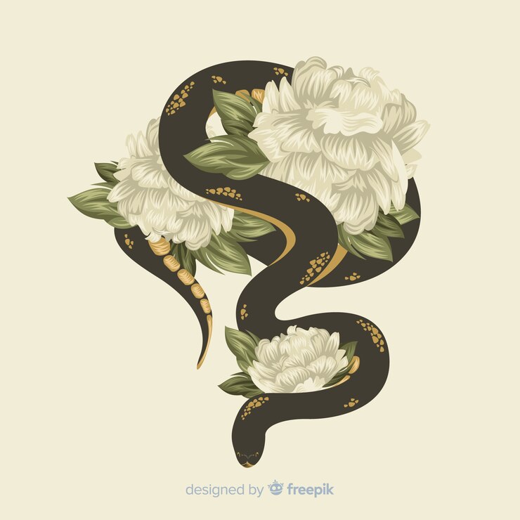 Vettore gratuito serpente disegnato a mano con sfondo di fiori