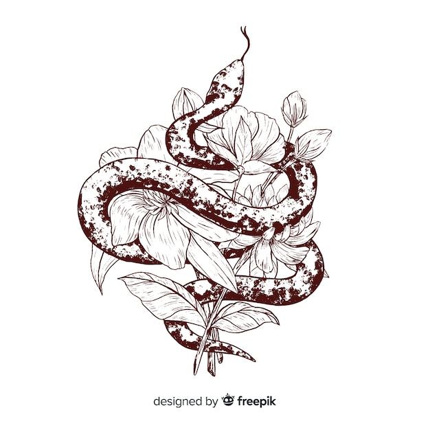 Serpente incolore disegnato a mano con sfondo di fiori