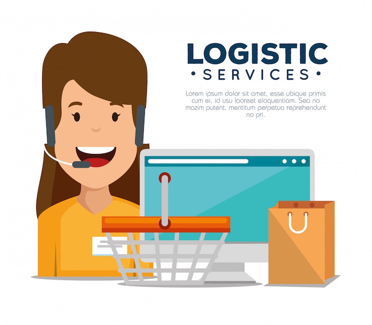 Vettore gratuito servizi logistici con agente di supporto e computer