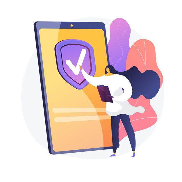 Servizio assicurativo su richiesta. Assicuratore digitale, app mobile, modello di business innovativo. Cliente femminile che ordina la polizza assicurativa online. Illustrazione della metafora del concetto isolato di vettore