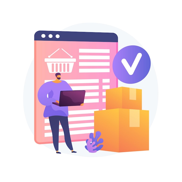 Vettore gratuito servizio di consegna ordini online, spedizione. cestino del negozio internet, scatole di cartone, acquirente con laptop. bolla di consegna sullo schermo del monitor e pacco. illustrazione della metafora del concetto isolato di vettore.