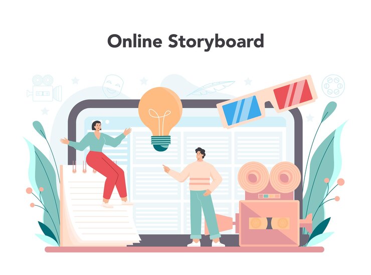 Vettore gratuito servizio o piattaforma online dello sceneggiatore il drammaturgo crea una sceneggiatura per il film storyboard online illustrazione vettoriale isolata