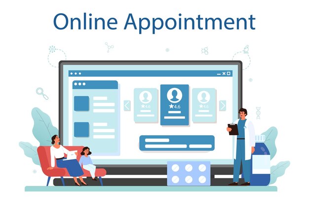 Servizio o piattaforma online medico di famiglia Trattamento medico moderno esperto e diagnostico Appuntamento online Illustrazione vettoriale piatta