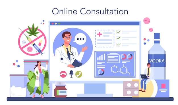 Servizio o piattaforma online per le dipendenze Idea di trattamento medico per persone dipendenti Condizione pericolosa per la vita Consultazione online Illustrazione vettoriale piatta