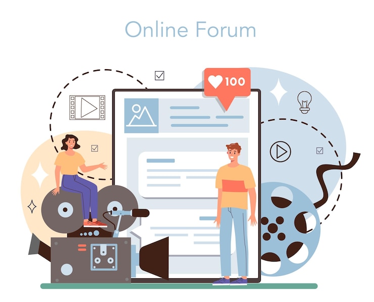 Vettore gratuito servizio o piattaforma online per videografi produzione video, riprese e montaggio cameraman o motion designer forum online illustrazione vettoriale piatta